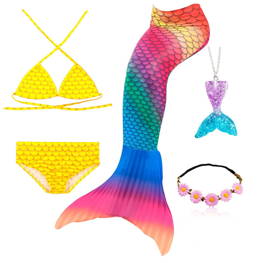Yellow Top Rainbow Mermaid Tail Swimsuit Set