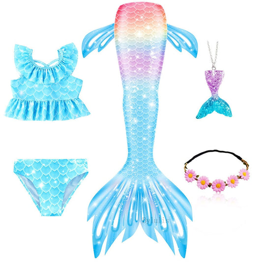 Blue Top Rainbow Mermaid Tail Swimsuit Set